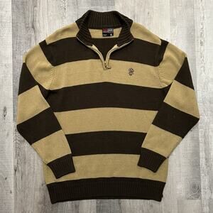 Vintage Southpole Brown/Beige Striped Quarter Zip Pull Over Knit Sweater Mens XL
